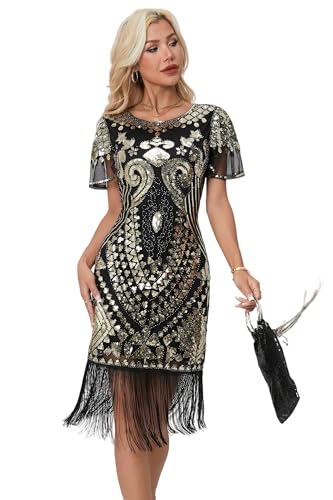 1920s Gatsby Flapper Dress Sequin Beaded Tassel Vintage Evening Gown