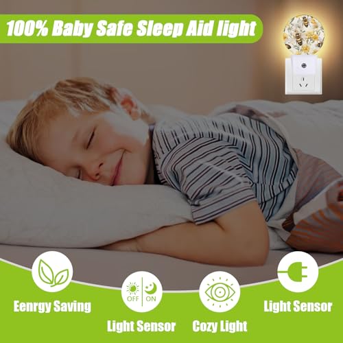 Image of Cute Bee Night Light,Watercolor Floral Night Lights Plug into Wall for Kitchens Toilets Bedroom Decorative Half Round Nightlight Led Lamp 0.5W Sleep Friendly