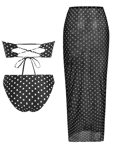 Image of ZAFUL Womens 3pcs Bikini Swimsuits Bandeau 3 Piece Swimwear High Cut Bikini Sets with Long Sheer Coverup Dress