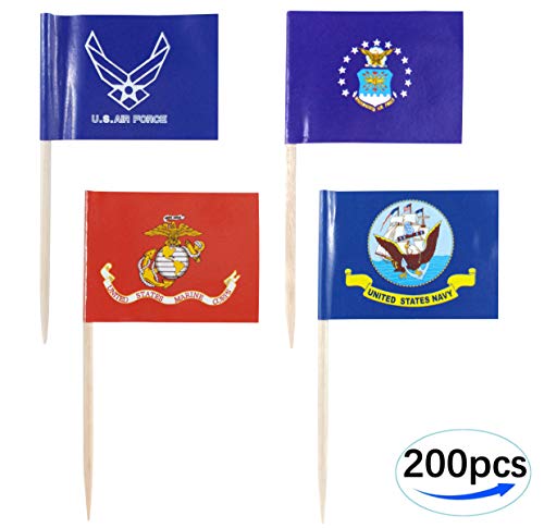 Qqsd Us Marine Corps Toothpick Flag Air Force Small Mini Navy Cupcake Topper Military Flags, 4 Kinds 200 Pcs #TOP1