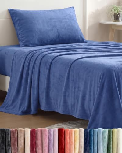 Image of Fleece Sheets Twin XL Size Set - 3-Piece Flannel Sheet Set - Washed Blue