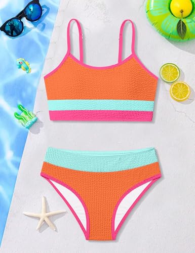 Image of Girls Bathing Suit Color-Block Adjustable Straps Bikini Sets Girls Two Piece Swimsuits with Chest Pad Swimwear 7-18T