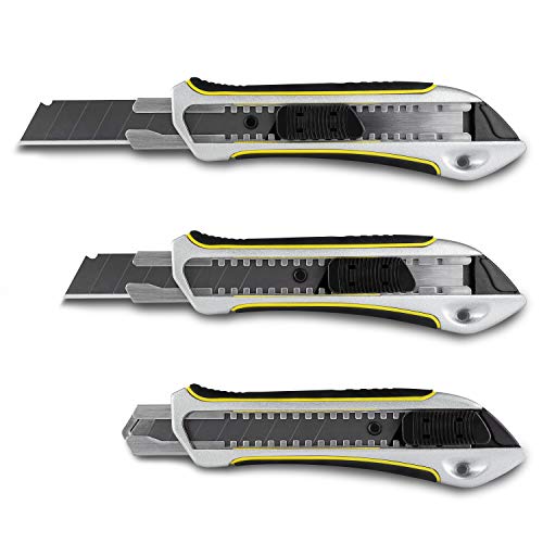 Precise Lines [3er Set] Cuttermesser 18mm - Aluminiumgehäuse mit 2-K-Griff und versenktem Schieberegler - Teppichmesser inkl. 10 SK5 Abbrechklingen