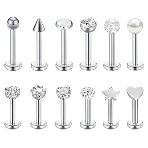 LOCCY 12 pièces Labret Levre Acier Inoxydable 16G, Labret Piercing Nez Studs lèvres Stud Labret Bars Tragus Helix Piercing Stud Piercing Bijoux pour Hommes...
