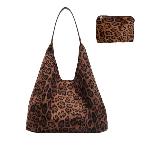 Bolso Satchel grande para mujer color marrón con estampado de leopardo