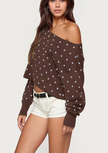 Off The Shoulder Polka Dot Fall Sweater for Women Oversized Long Sleeve Crop Knit Sweaters Boat Neck Casual Pullover2