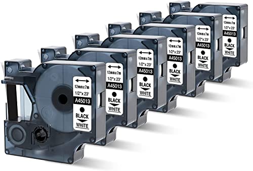 Oozmas - Cinta de Etiquetas Compatible para usar en lugar de Dymo D1 45013 A45013 S0720530 12 mm x 7 m Negro sobre Blanco para Dymo LabelManager 160 210D 260P 280, pack de 6 Cover
