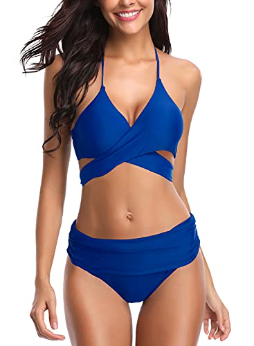 SHEKINI Women s Push-up Halter Bandage Bikini Swimsuits Ruched Swim Bottoms (Sapphire Blue, Large)