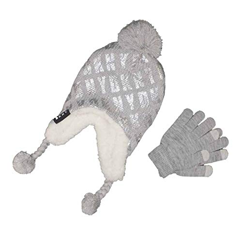 DKNY Girls' Metallic Logo Earflap Beanie with Tech Touch Gloves Set (7-16, Heather Grey)