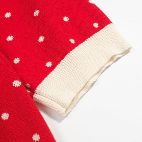 Women's Knit Polo Shirts Short Sleeve, 1960s Mod Style Retro Beige Dots Casual Tops Cardigan with Button, Red4