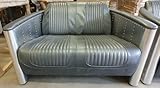 Profundidad: 70 cm Casa Padrino sofá de Cuero Art Deco de Lujo Gris/Plata 172 x 70 x A. 82 cm - Sofá de salón de Aluminio con Cuero Real - Mueble de Sofá de Aviador de Avión de Aluminio