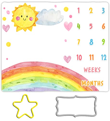 Image of Cartoon Rainbow Baby Monthly Milestone Blanket - 48x40in Sun Cloud Heart Shape Colored Dots for Newborn Shower, Growth Chart Photography