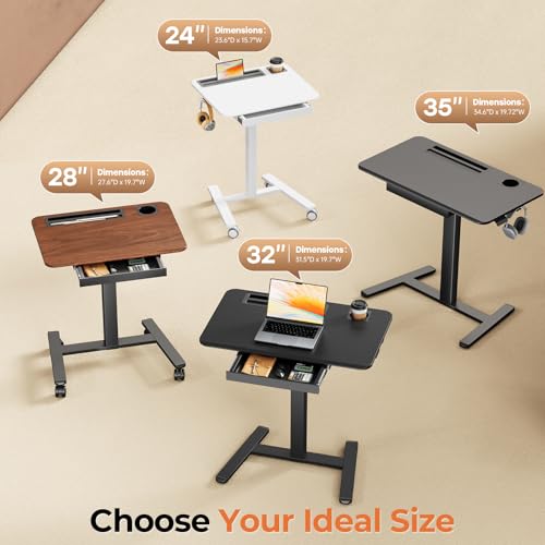 Image of Mobile Standing Desk with Drawer, 32 inch Rolling Desk with Cup Holder and Hooks, Portable Laptop Cart on Wheels, Height Adjustable Workstation with Storage for Home Office, Black