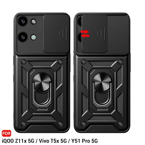 Image of TheGiftKart Back Cover Case for iQOO Z11x / Vivo T5x / Vivo Y51 Pro 5G | Armor Bumper Case with Sliding Camera Cover, Kickstand & Ring Holder | 360 Protection iQOO Z11x Back Cover (PC & TPU, Black)