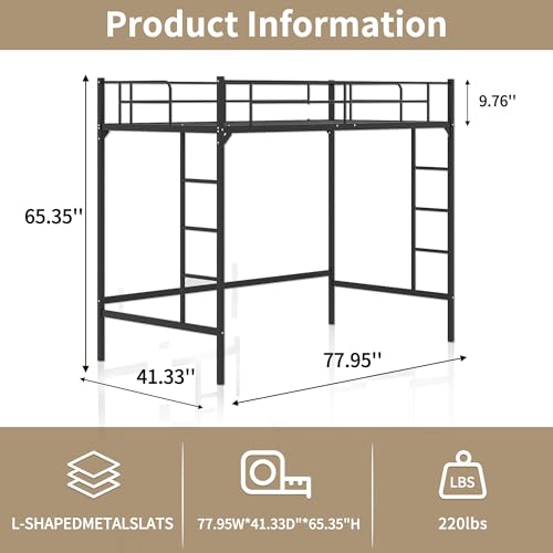 MOOITZ Twin Size Loft Bed, Multifunctional Metal Loft Bed Frame with Ladder and Full Guardrail, Space-Saving, Noise Free, Modern Industrial Style, (Black, Twin Size Loft Bed)