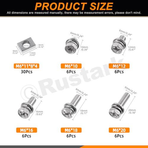 Rustark 60Pcs M6x10mm 12mm 16mm 18mm 20mm 304 Edelstahl Motorrad Batterie Schrauben Muttern Set, ATV Batterieklemme Schrauben Vierkantmuttern Battery Bolts and Nuts für ATV Motorrad Reparaturen