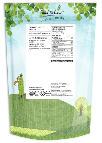 Food to Live Organic Hulled Barley, 3 Pounds – Non-GMO, 100% Whole Grain, Kosher, Vegan, Bulk. Suited for Home Brewing, Grinding. High in Fiber. Great for Chili, Hot Cereal, Salads, Soup