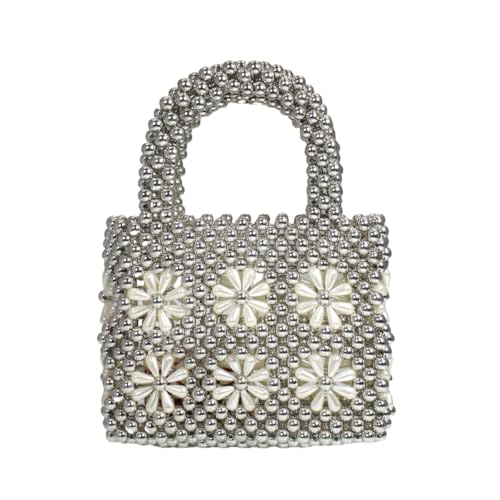 Image of Women Beaded Handbags Elegant Handmade Weave Purse Crystal Pearl String Tote Bags for Banquet Wedding Cocktail