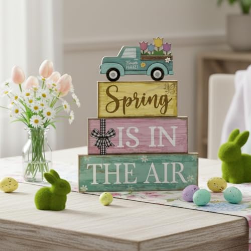 Image of Moucuny 4 Pcs Spring Table Decor Wooden Blue Truck Decoration Flower Centerpiece Spring Tiered Tray Decor Decorative Colorful Flower Block Signs Gift Farmhouse Decoration for Home Kitchen