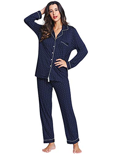Image of Cherrydew Women's Bamboo Viscose Cooling Long Sleeve Button Up Pajama Set | Buttery-Soft Feel,Naturally Cool Comfort,Breathable Fabric,Lightweight & Flowy Feel