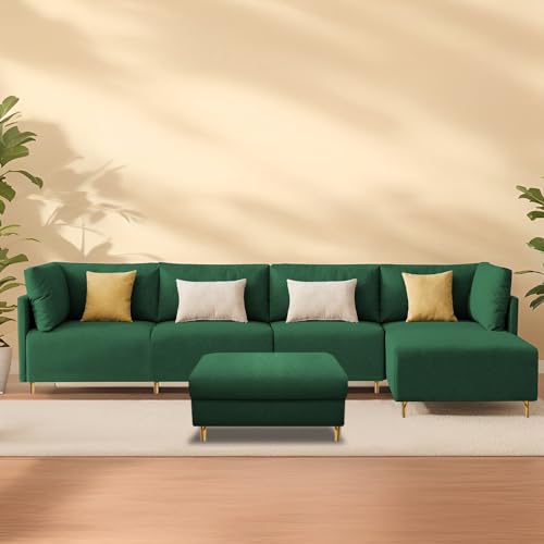Image of Carina RHS 6 Seater L Shape Sofa Set with Center Table for Living Room (Green Fabric) Premium Fabric Sofa