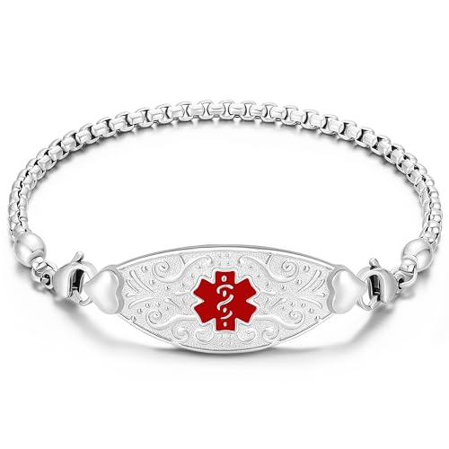 Divoti Custom Engraved Medical Alert Bracelets for Women | 4-Line Personalized Emergency ID | Mesh/Square Rolo Chain with Grand Filigree Tag