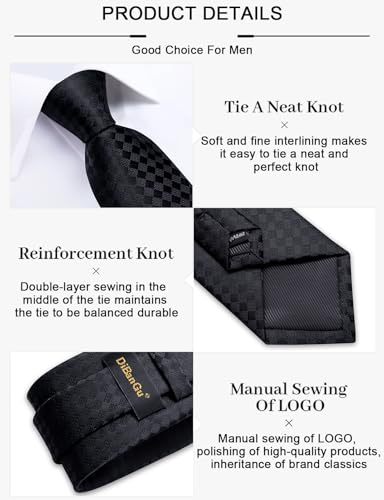 Image of DiBanGu Mens Silk Plaid Tie and Pocket Square Set | Elegant Silk Formal Tie Set, Woven Check Necktie and Cufflinks Tie Clip Set, Perfect for Wedding Party, Comes in Gift Box