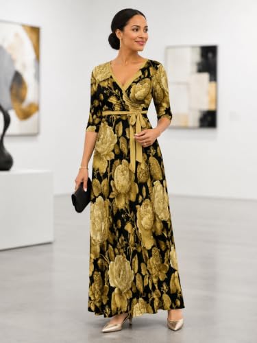 Image of SUZONANA Plus Size Dresses for Women Floral Print Maxi Dress Flowy 3 /4 Sleeve with Belt