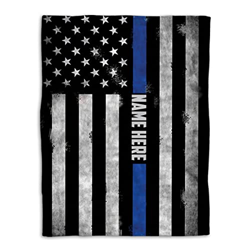 OhaPrints Custom Police Thin Blue Line American Us Flag Back The Blue Personalized Name Soft Sherpa Throw Blankets Cozy Fuzzy Fleece Throws for Tv Sofa Couch Comfy Fluffy Blanket 30X40 50X60 60X80