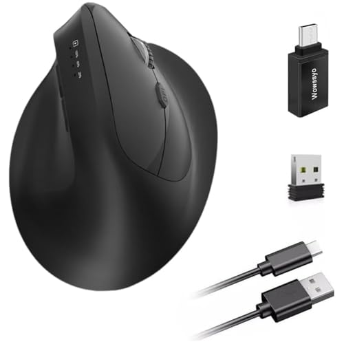 Wowssyo Ratón Inalámbrico Ergonómico 3 Modos [Bluetooth 5.2, 2.4 G, Alámbrico] Ratón Vertical Inalámbrico Recargable 1200/1600/2400/3200/6400/9600 dpi, Batería Recargable, 6 Botones, PC/Mac-Negro