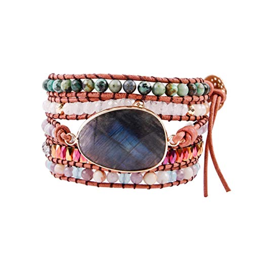 YGLINE Handmade 5 Wrap Bracelet Natural Labradorite Leather Boho Bracelets Jewelry