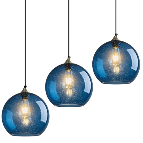 Image of Blue Glass Pendant Lights Kitchen Island Lighting Globe Pendant Light Fixtures Modern Pendant Lighting for Kitchen Island Bedroom Living Dining Room Light Fixture(9.84in, 3-Pack)
