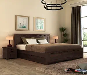 Kunjal Furniture Solid sheesham Wood Wooden King Size Bed for Bedroom & Guest Room|Double Bed with 4 Drawers Storage Modern Furniture(Walnut Finish)