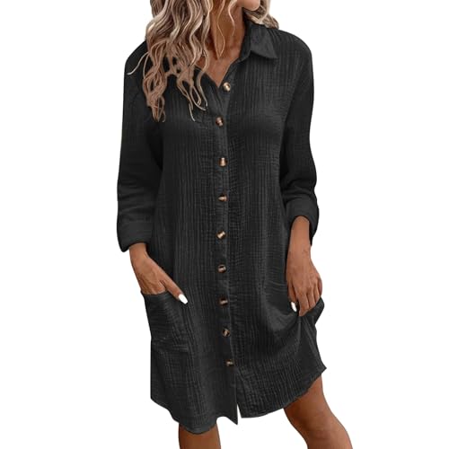 Blusenkleid Damen Lang Knopfleiste Musselin...