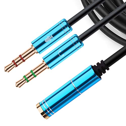 NANYI 3.5mm 4 Pin Female to 2x3.5mm 3 Pin Male Headphone Converter Head Audio Splitter Y Adapter Cable (Blue-3ft)