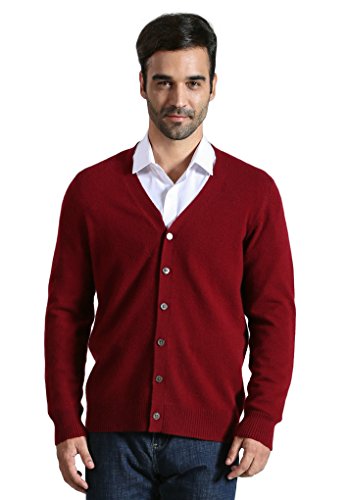DYS CASHMERE Mens 100% Cashmere Button Front Long Sleeve Cardigan Sweater,Large,Wine Red