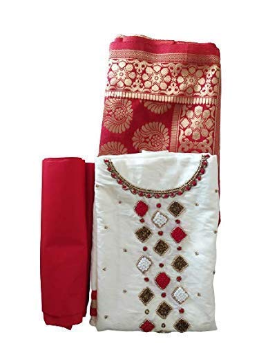 BELLUXAWomen's Banarasi Jacqaurd Silk woven Embroidery Work Cotton Dupatta Salwar Suit Dress Material Unstitched Fabric
