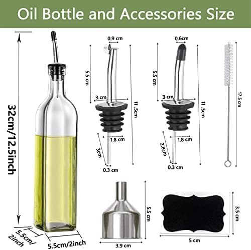 Leaflai Olive Oil Dispenser Bottle, 2 Pcs Glass Olive Oil Dispenser and Vinegar Dispenser Set with 2 Stainless Steel Pourers, 4 Labels,1 Brush and 1 Funnel Oil Bottles for Kitchen (500ml)