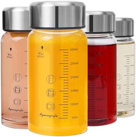 Glass Juice Bottles 4 Pack 12 oz - Wide Mouth Glass Water Bottles with Lids - for Juicing, Smoothies, Milk, Protein, BPA Free, Reusable, Stainless Steel Lids, Leak Proof, Shaker bottle (12oz/400ml)