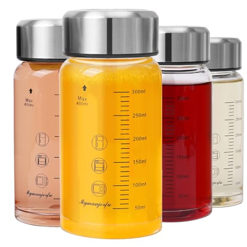 Mymanjerfu 4x Glasflaschen 400ml mit Deckel - Glastrinkflaschen, Saftflaschen & Wasserflaschen - Bruchsicher für Shaker, Smoothies & Saft – Spülmaschinenfest, BPA-frei