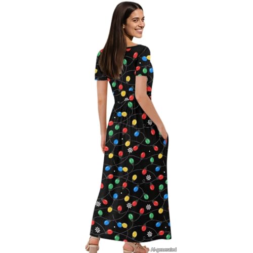 Image of Women's Fall Summer Short Sleeve Ankle Length V-Neck Party Dress with Pockets Size S-3XL
