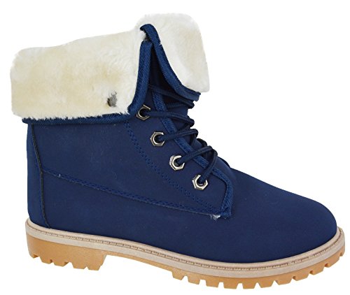 Womens Ladies Flat Fur Lined Grip Sole Winter Army Combat Ankle Boots Shoes Size Navy