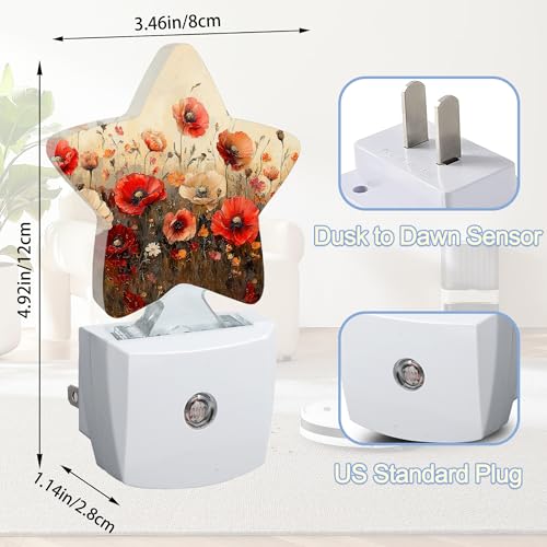 Image of Night Light,Red Poppy Flower Plug into Wall with Dusk to Dawn Light Sensors,Vintage Floral Warm Star Nightlights for Bedroom,Bathroom,Hallway,Kitchen Home Decor Desk Lamp