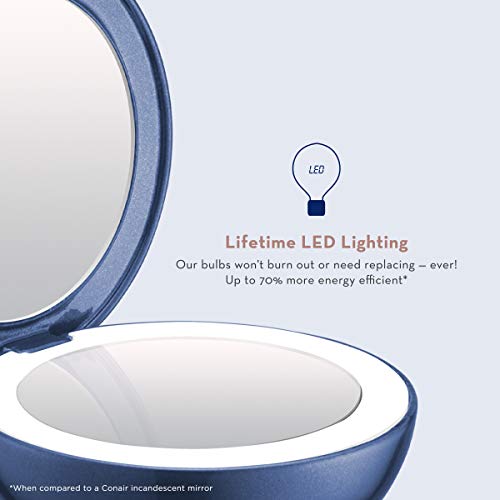 Conair Lighted Makeup Mirror With Magnification, Compact Mirror, 1/3X Magnifying Mirror, Travel Mirror With Light, Rechargable In Blue #TOP3