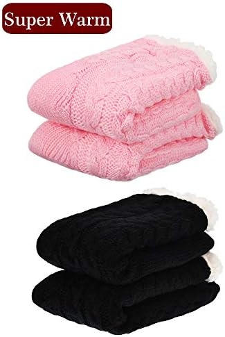 2 Pairs Women's Warm Slipper Socks Christmas Fuzzy Socks Fleece-lined Non Slip Slipper Socks (Black and Pink)