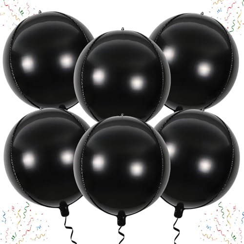 Image of Round 4D Black Mylar Balloons, Large Black Foil Balloons for Black Decorations - 22 Inch, 6 Pack | Black Metallic Balloons Halloween Balloons for Halloween Decorations(Black)