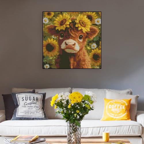 Image of Cow Flowers Stamped Cross Stitch Kits - Needlepoint Counted Cross Stitch Kits for Beginners Adults Daisy Sunflower Pattern Crossstitching Dimensions Embroidery Kits Arts and Crafts