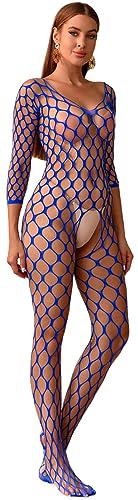 Bommi Fairy Lingerie sexy pour femme - En résille - Lingerie à manches longues - Nuisettes - Bas résille - Taille unique - Extensible, bleu, XS-XXL