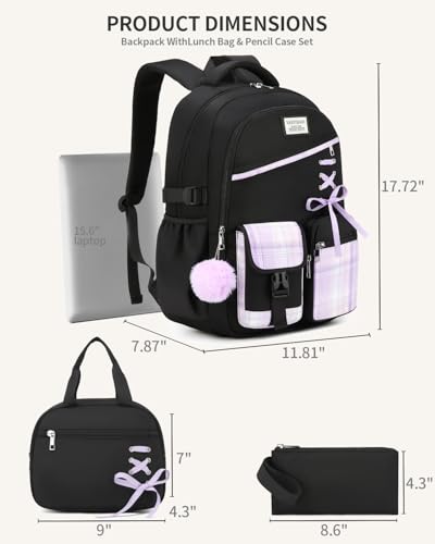 Image of Cute School Backpack for Teen Girls, 3Pcs Kids Bookbag with Lunch Box Pencil Pouch for Elementary Middle High School College, Water Resistant Laptop Backpacks Back to School Gift Black Purple Tartan