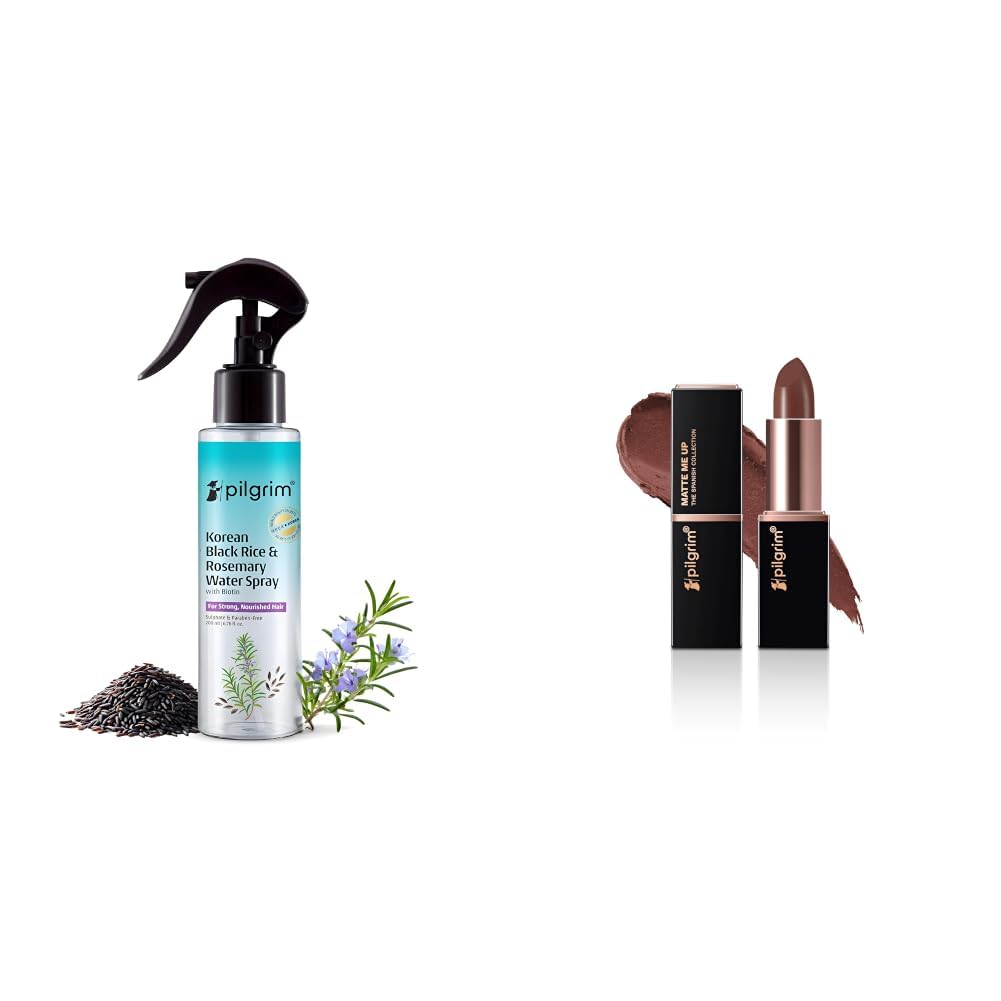 Pilgrim Korean Black Rice and Rosemary Water Spray With Biotin For Strong, Nourished Hair 200ml & Matte Bullet Lipstick Intense Colour Transferproof & Smudgeproof Mocha Bliss-04-image-45